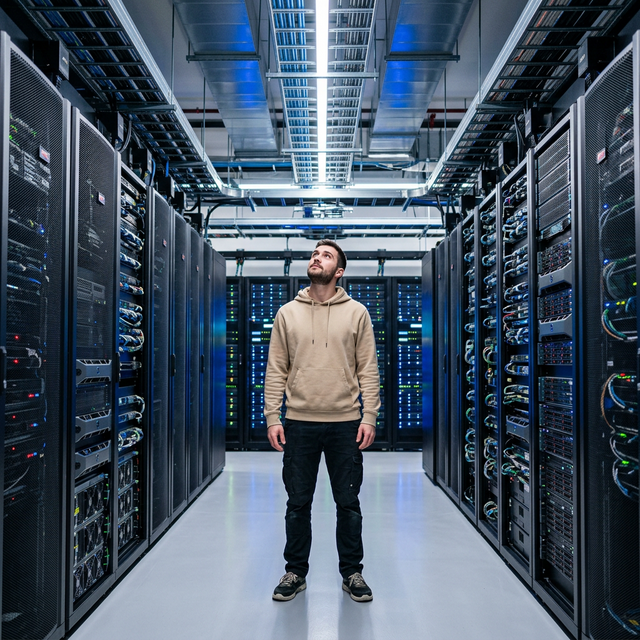 Man standing in a bright modern datacenter looking upwards